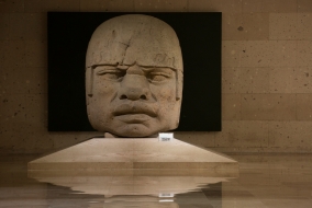 Anciennes têtes colossales olmèques mésoaméricaines exposées au musée d'anthropologie de Jalapa.